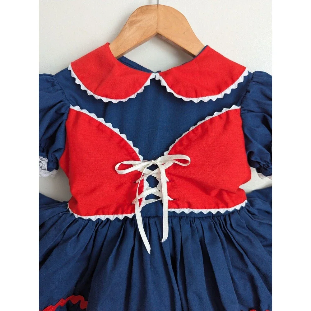 Vintage Full Circle Toddler Dress Red Blue Americana Patriotic Dirndl Lace Bell